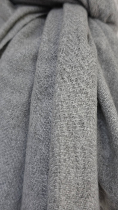 Grey angora wool hands and looms warm scarf – close-up of the embellishment