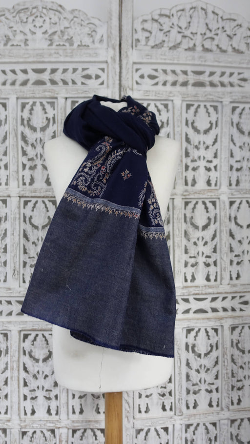 Navy Kashmiri wool shawl with white and gold paisley embroidery