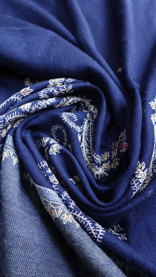 Navy Kashmiri wool shawl with white and gold paisley embroidery – view 2