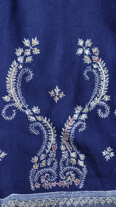 Navy Kashmiri wool shawl with white and gold paisley embroidery – view 6
