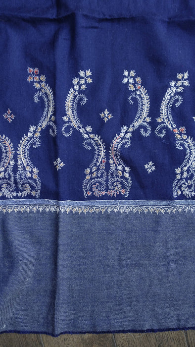 Navy Kashmiri wool shawl with white and gold paisley embroidery – view 5