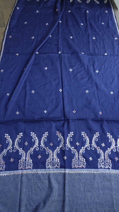 Navy Kashmiri wool shawl with white and gold paisley embroidery – view 4