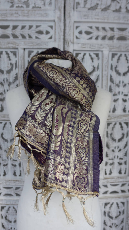 Dark blue and gold banarsi brocade vintage shawl