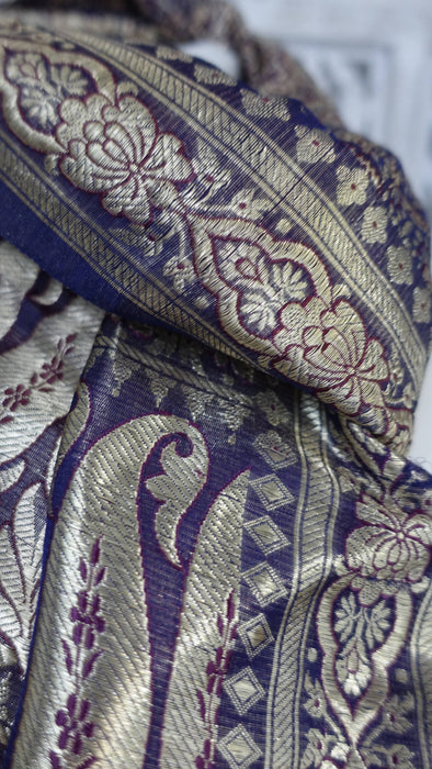 Dark blue and gold banarsi brocade vintage shawl – full length view