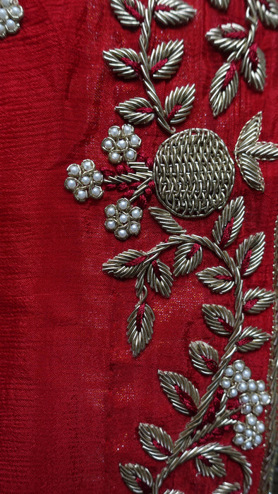 Red silk dupatta with zardosi floral embellishment – fabric and colour detail