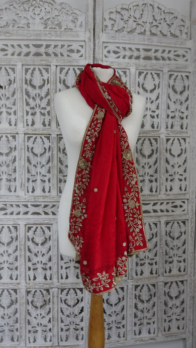 Red silk dupatta with zardosi floral embellishment