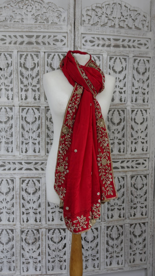 Red silk dupatta with zardosi floral embellishment