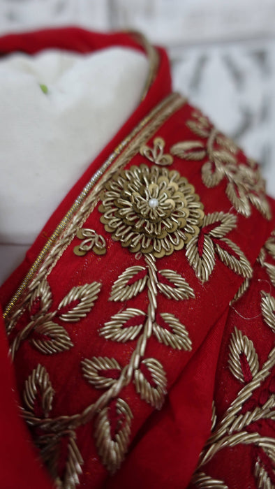Red silk dupatta with zardosi floral embellishment – shown draped