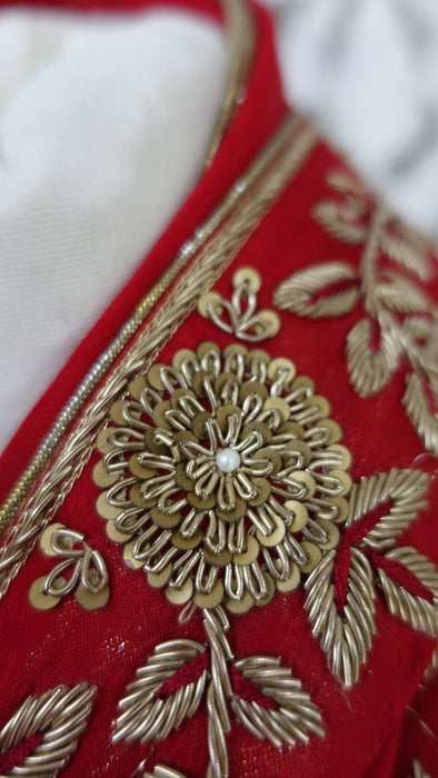 Red silk dupatta with zardosi floral embellishment – close-up of the embellishment