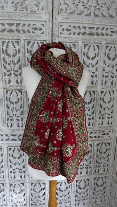 Dark red heavy embellished dupatta