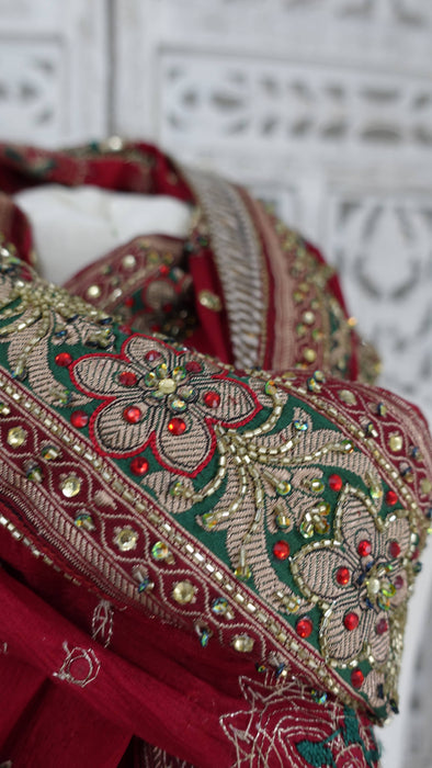 Dark red heavy embellished dupatta – full length view