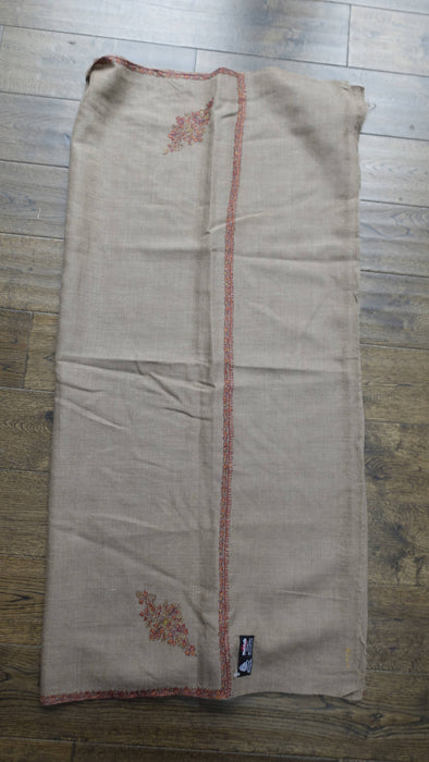 Light taupe wool shawl with floral embroidered border – view 7