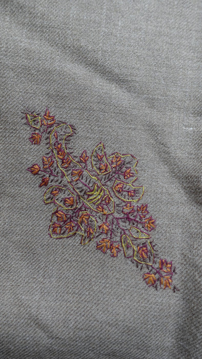 Light taupe wool shawl with floral embroidered border – view 6