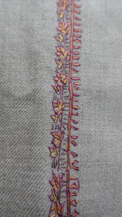Light taupe wool shawl with floral embroidered border – view 5