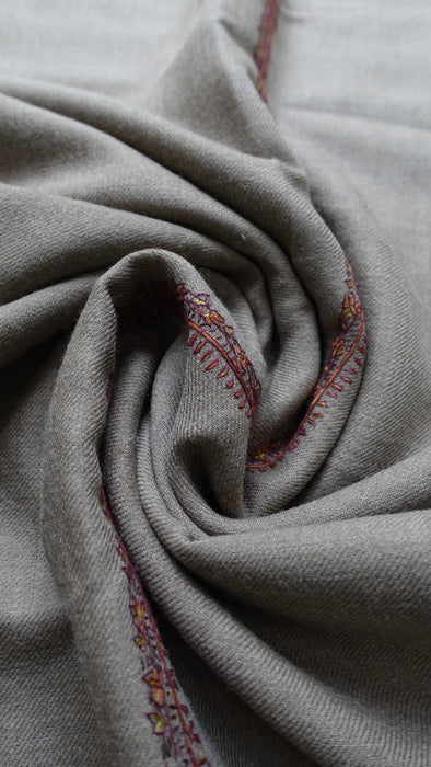 Light taupe wool shawl with floral embroidered border – view 2