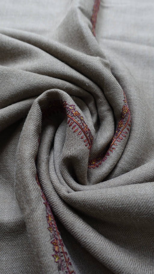 Light taupe wool shawl with floral embroidered border – view 2