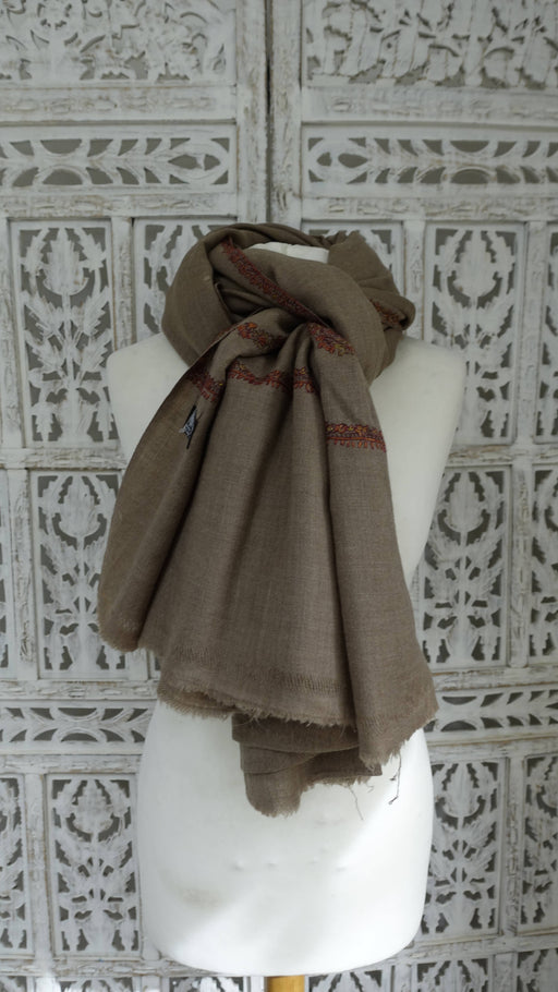 Light taupe wool shawl with floral embroidered border