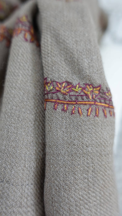 Light taupe wool shawl with floral embroidered border – view 8