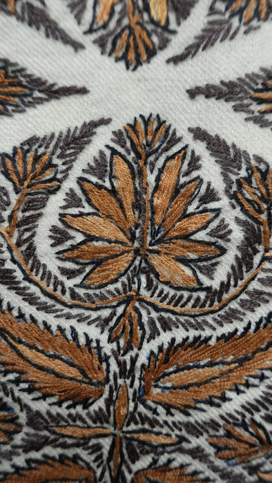 Cream with blue and brown reversible embroidered shawl – shown draped