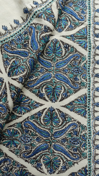 Cream with blue and brown reversible embroidered shawl – fabric and colour detail