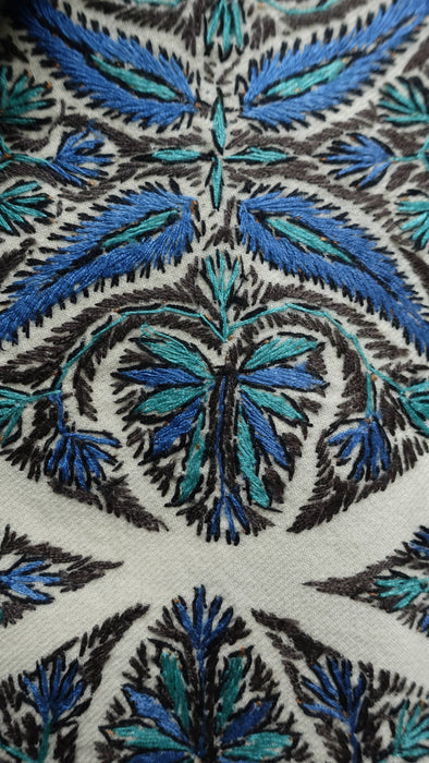 Cream with blue and brown reversible embroidered shawl – close-up of the embellishment