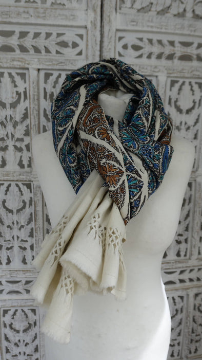 Cream with blue and brown reversible embroidered shawl