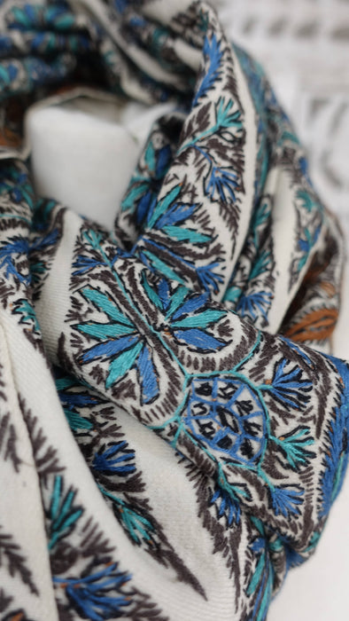 Cream with blue and brown reversible embroidered shawl – full length view