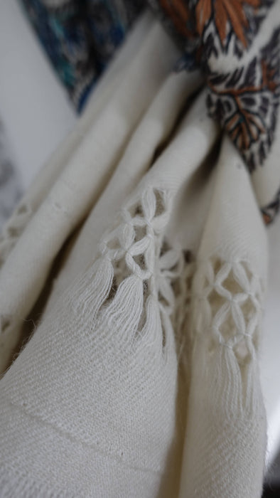 Cream with blue and brown reversible embroidered shawl – reverse side