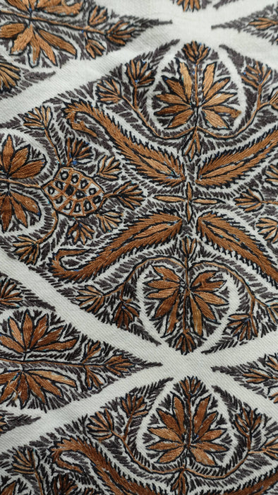Cream with blue and brown reversible embroidered shawl – corner detail