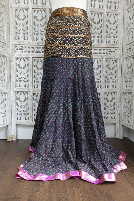 Dark Grey Floral Print Tiered Skirt - Preloved