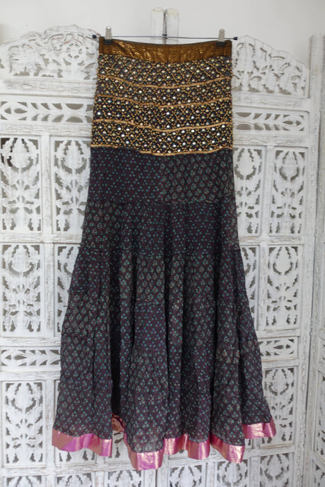 Dark Grey Floral Print Tiered Skirt - Preloved