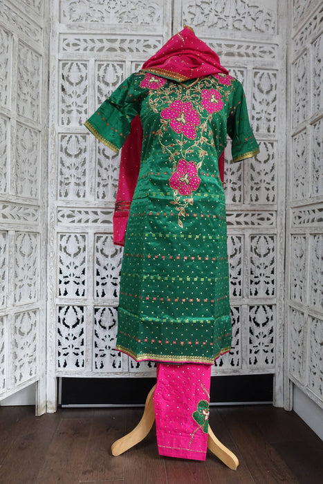 Green And Pink Vintage Silk Embellished Suit - UK 10/EU 36 - New