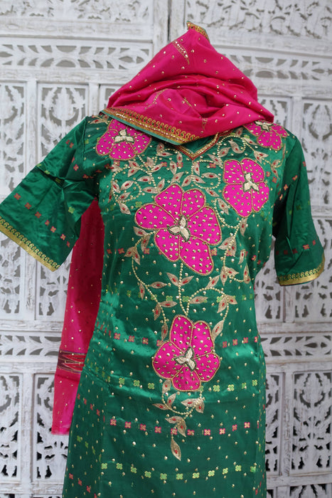 Green And Pink Vintage Silk Embellished Suit - UK 10/EU 36 - New