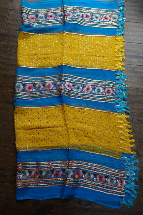 Yellow And Blue Pure Silk Vintage Salwar Kameez - UK 8/EU 34 - New