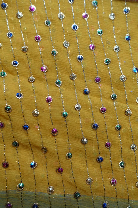 Yellow And Blue Pure Silk Vintage Salwar Kameez - UK 8/EU 34 - New