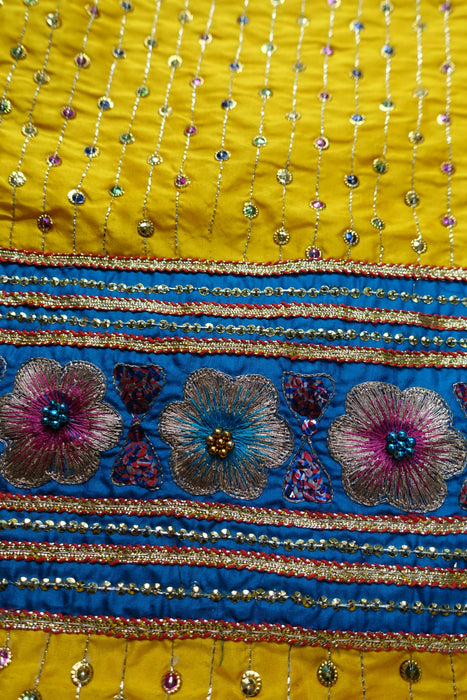 Yellow And Blue Pure Silk Vintage Salwar Kameez - UK 8/EU 34 - New