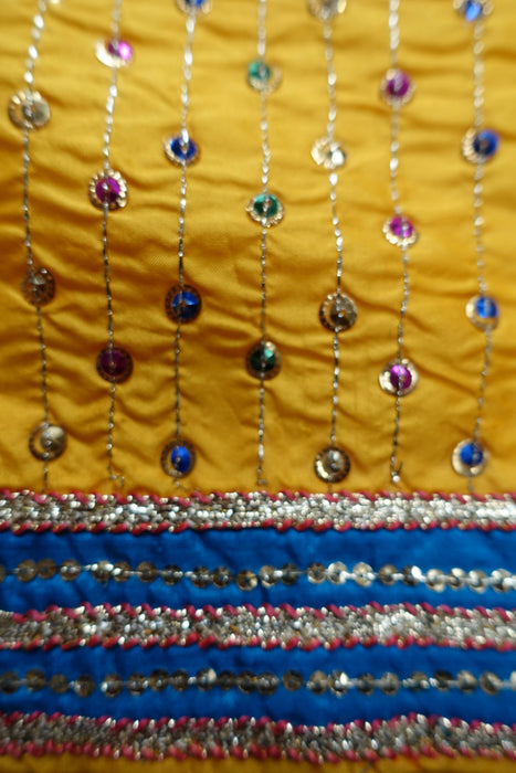 Yellow And Blue Pure Silk Vintage Salwar Kameez - UK 8/EU 34 - New