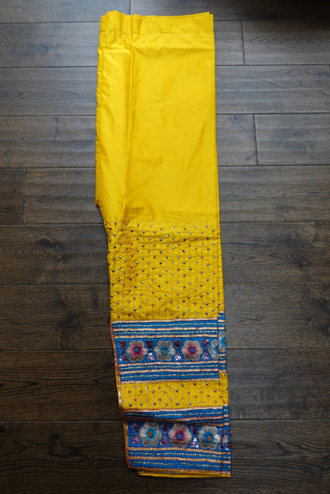 Yellow And Blue Pure Silk Vintage Salwar Kameez - UK 8/EU 34 - New