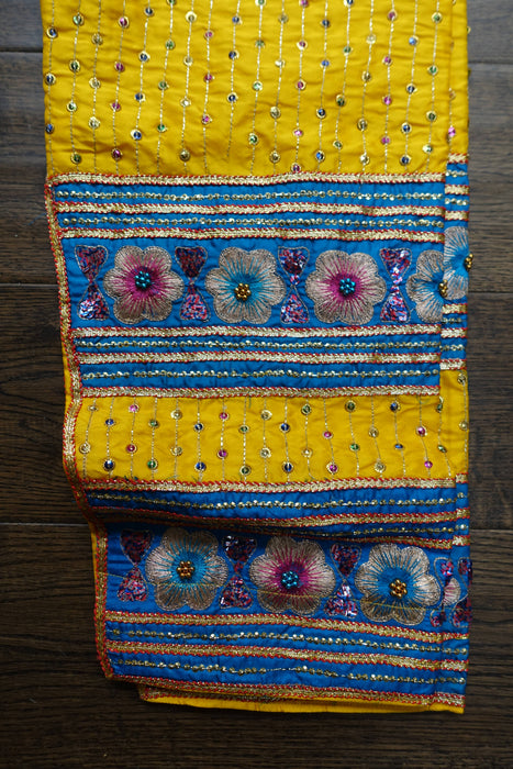 Yellow And Blue Pure Silk Vintage Salwar Kameez - UK 8/EU 34 - New