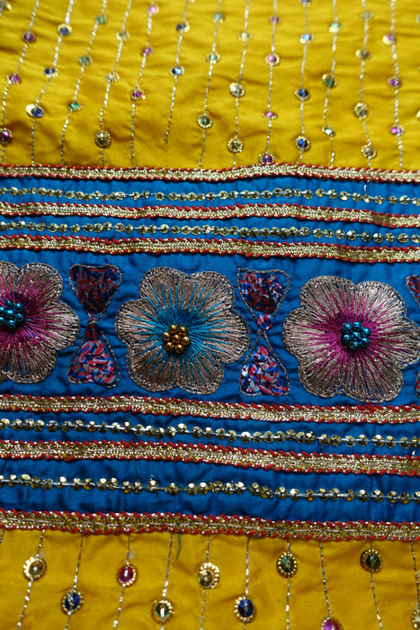 Yellow And Blue Pure Silk Vintage Salwar Kameez - UK 8/EU 34 - New