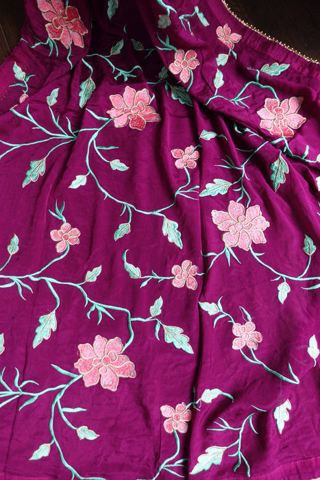 Vivid Purple Silk Salwar Kameez With Floral Embroidered Dupatta - UK 12/EU 38 - Preloved