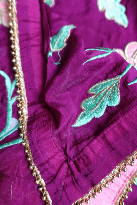 Vivid Purple Silk Salwar Kameez With Floral Embroidered Dupatta - UK 12/EU 38 - Preloved