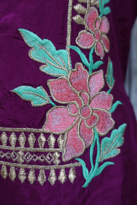 Vivid Purple Silk Salwar Kameez With Floral Embroidered Dupatta - UK 12/EU 38 - Preloved