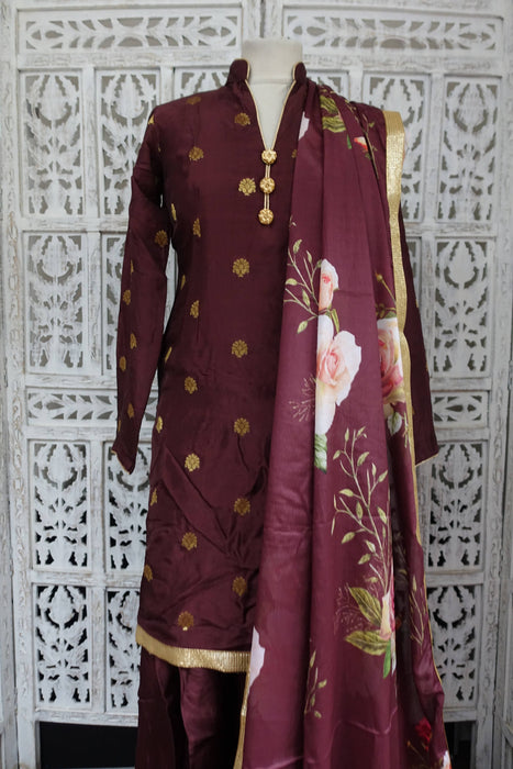 Aubergine Brown Floral Dupatta Salwar Kameez - UK 8/EU 34 - Preloved