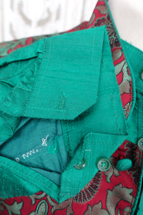 Men Green Raw Silk Shalwar Kurta With Brocade Jacket - To Fit Chest 44"
