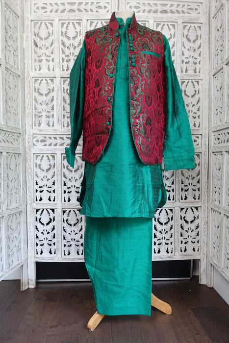 Men Green Raw Silk Shalwar Kurta With Brocade Jacket - To Fit Chest 42"