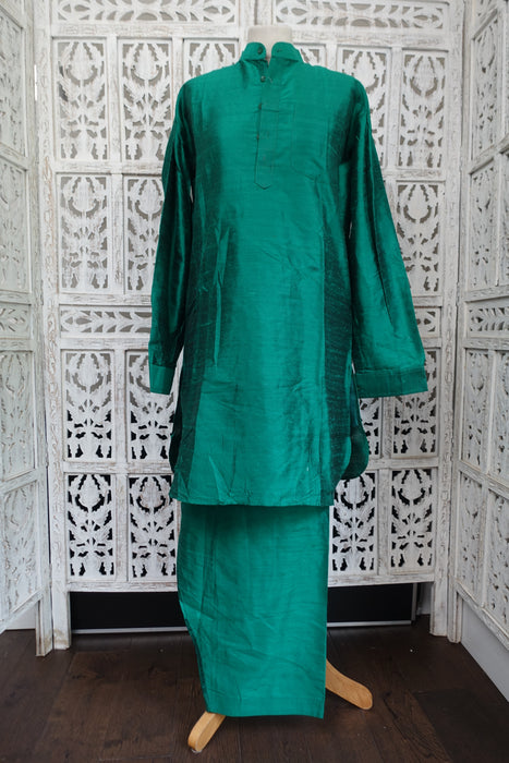 Men Green Raw Silk Shalwar Kurta With Brocade Jacket - To Fit Chest 44"