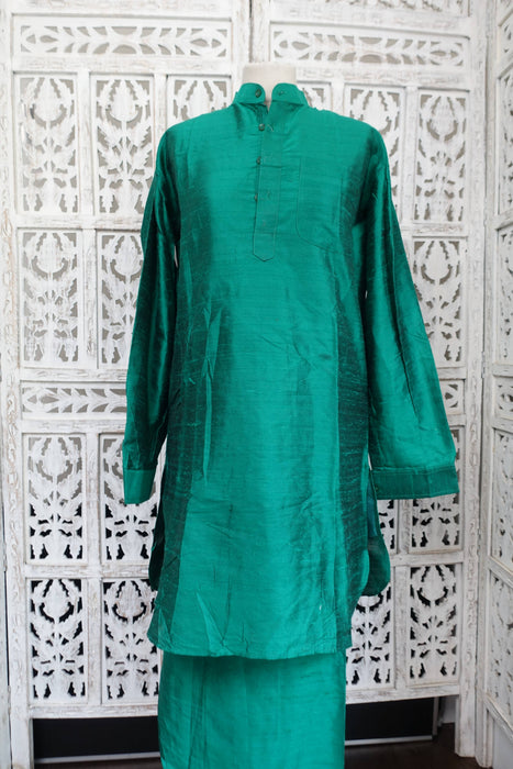 Men Green Raw Silk Shalwar Kurta With Brocade Jacket - To Fit Chest 42"