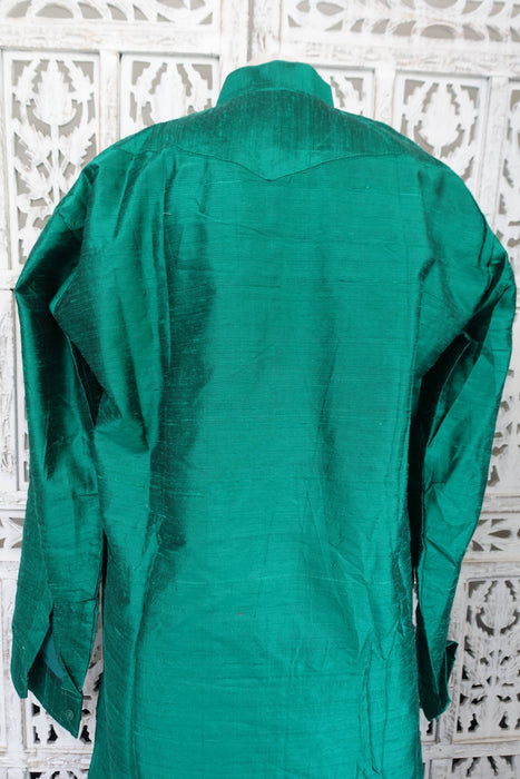 Men Green Raw Silk Shalwar Kurta With Brocade Jacket - To Fit Chest 42"