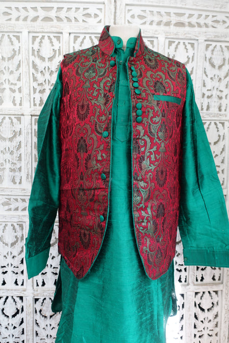 Men Green Raw Silk Shalwar Kurta With Brocade Jacket - To Fit Chest 42"